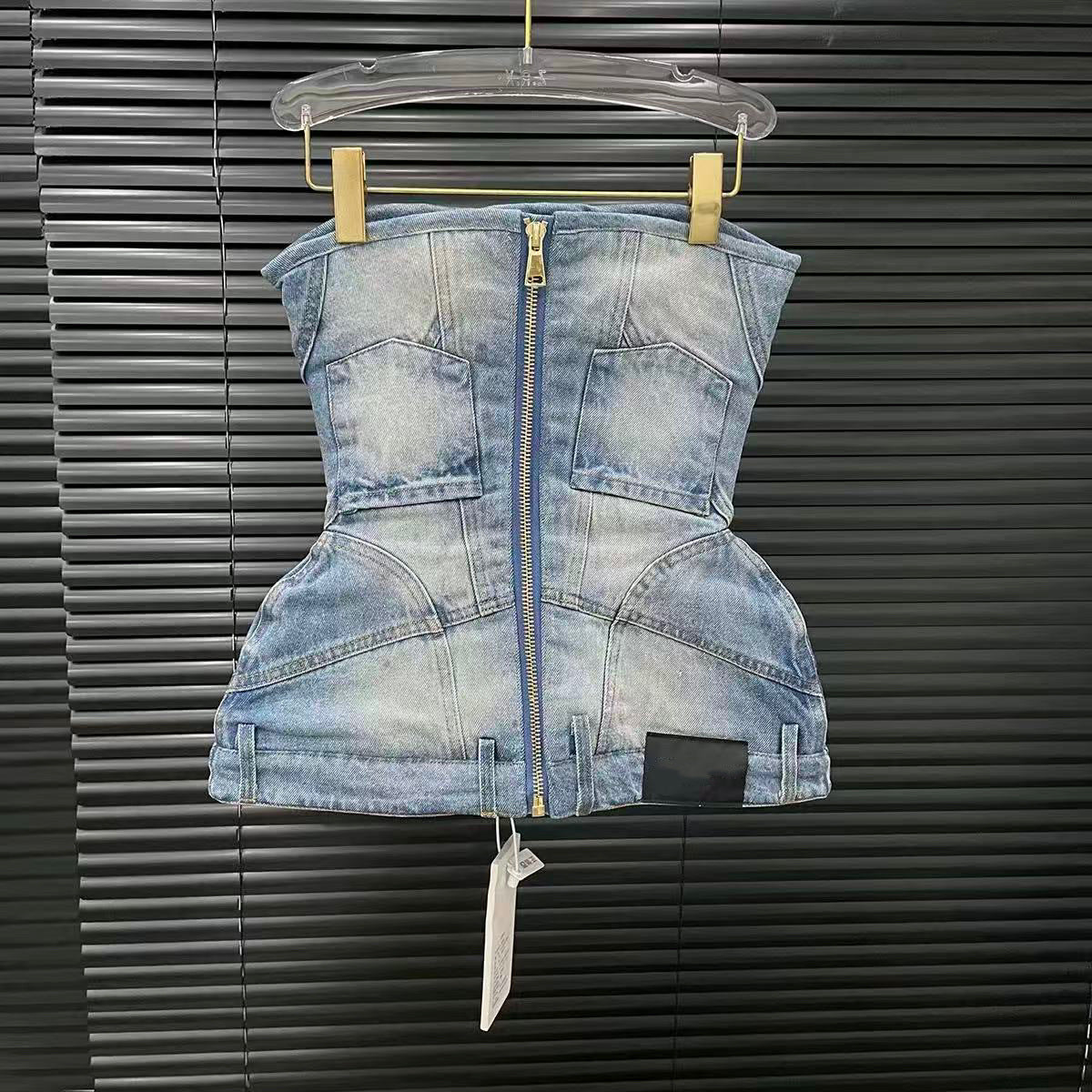 Vintage Washed Denim Waist-Cinching Tube Top for Women