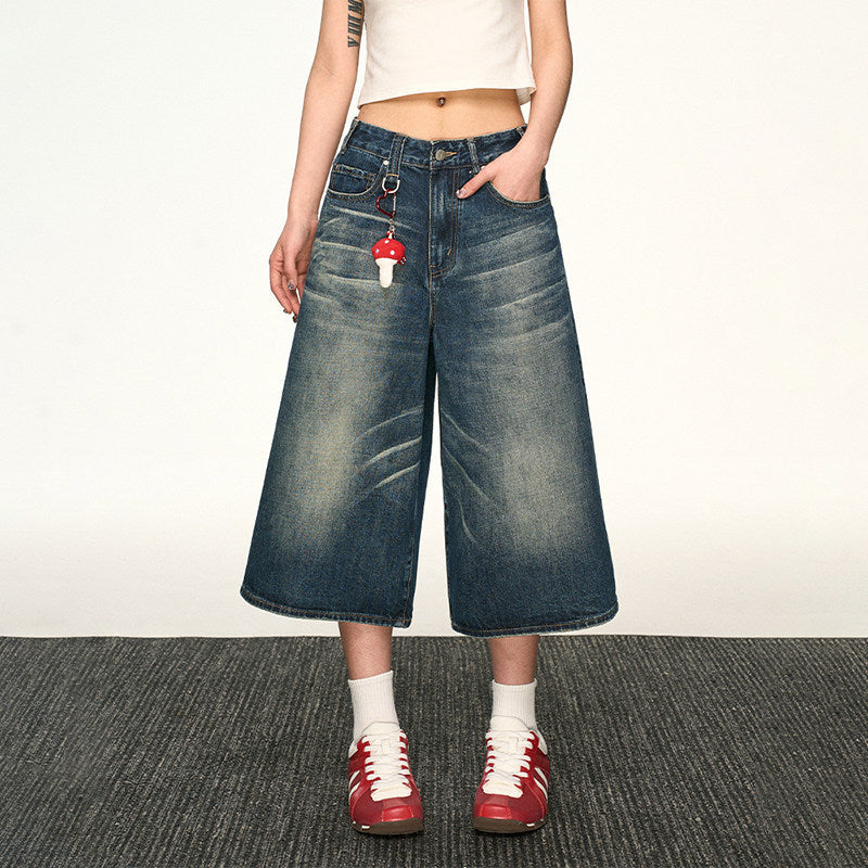 Vintage Washed Denim Wide-Leg Cropped Pants