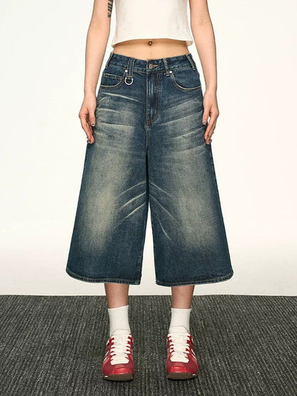 Vintage Washed Denim Wide-Leg Cropped Pants
