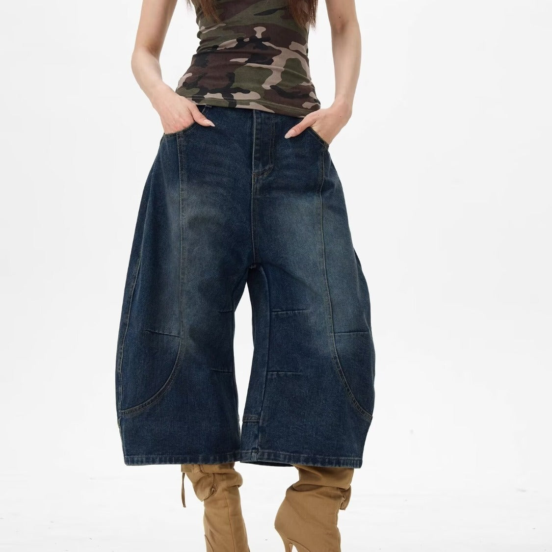 Vintage Washed Distressed Denim Wide Leg Pants
