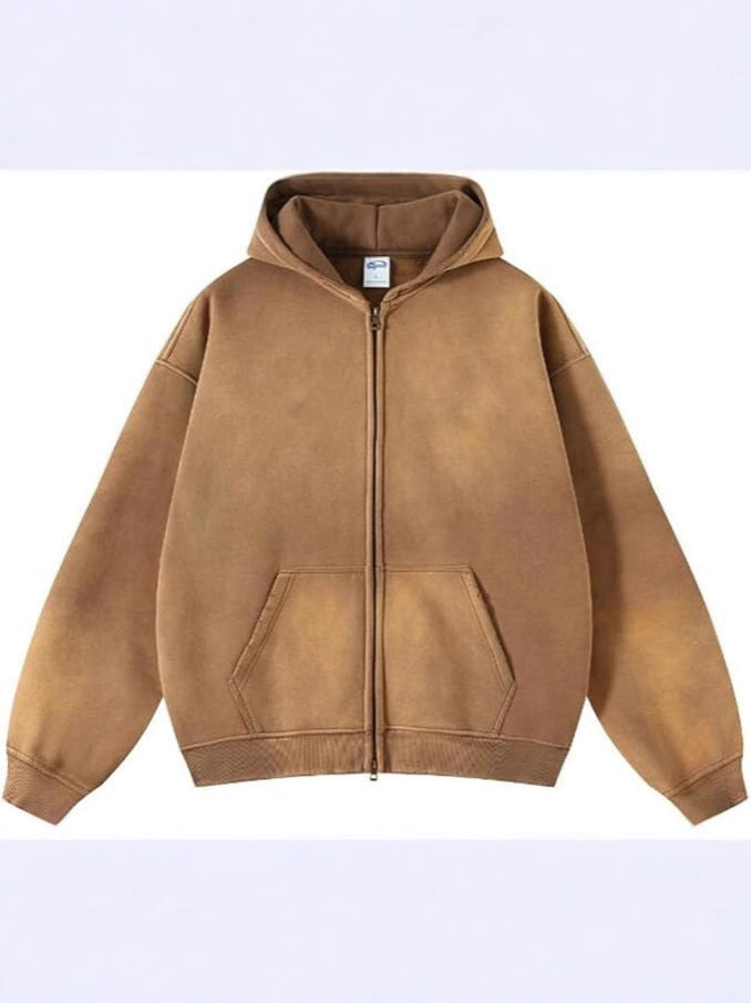 Vintage Washed Hooded Sweatshirt with Double Zipper