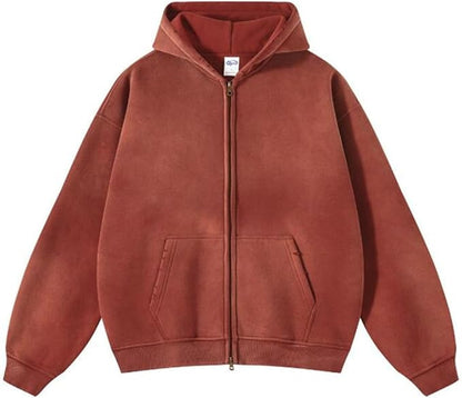 Vintage Washed Hooded Sweatshirt with Double Zipper