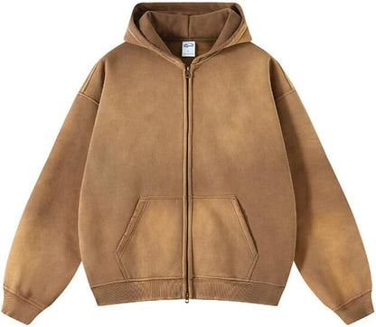 Vintage Washed Hooded Sweatshirt with Double Zipper