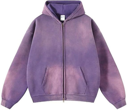 Vintage Washed Hooded Sweatshirt with Double Zipper