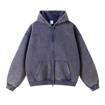 Vintage Washed Hooded Sweatshirt with Double Zipper
