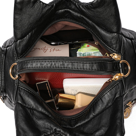 Vintage Washed Leather Crossbody Bag with Color Stitching