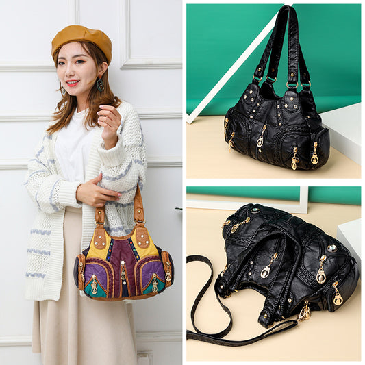 Vintage Washed Leather Crossbody Bag with Color Stitching