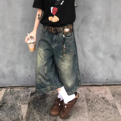 Vintage Washed Patchwork Denim Shorts