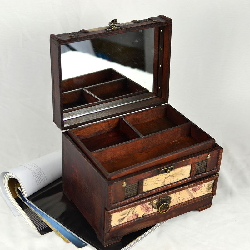 Vintage Wooden Jewelry Box with Mirror