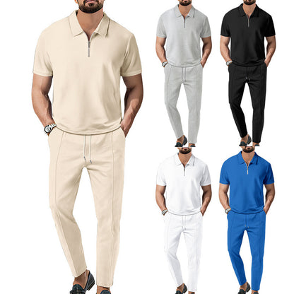 Waffger lapel short-sleeved zipper trousers