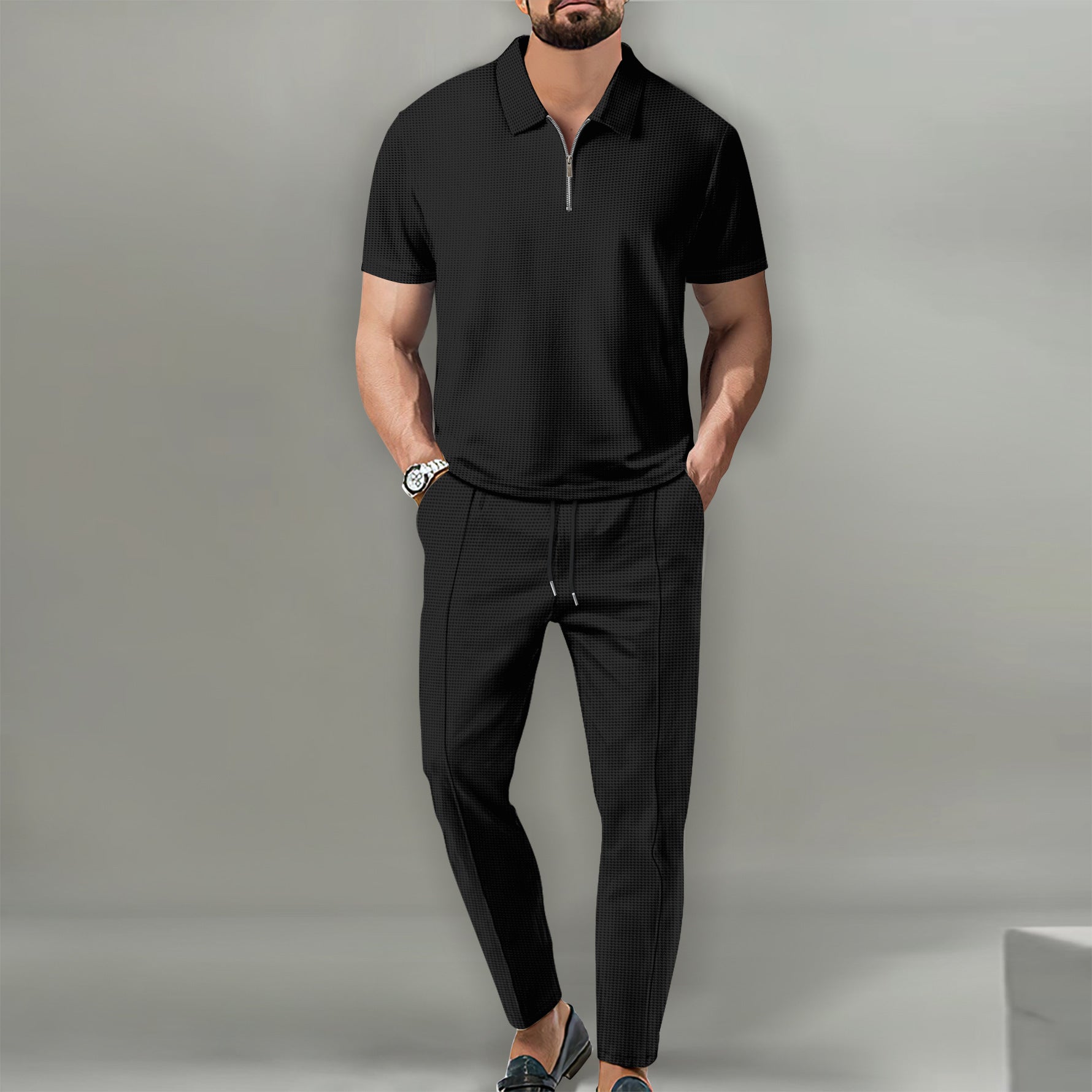 Waffger lapel short-sleeved zipper trousers