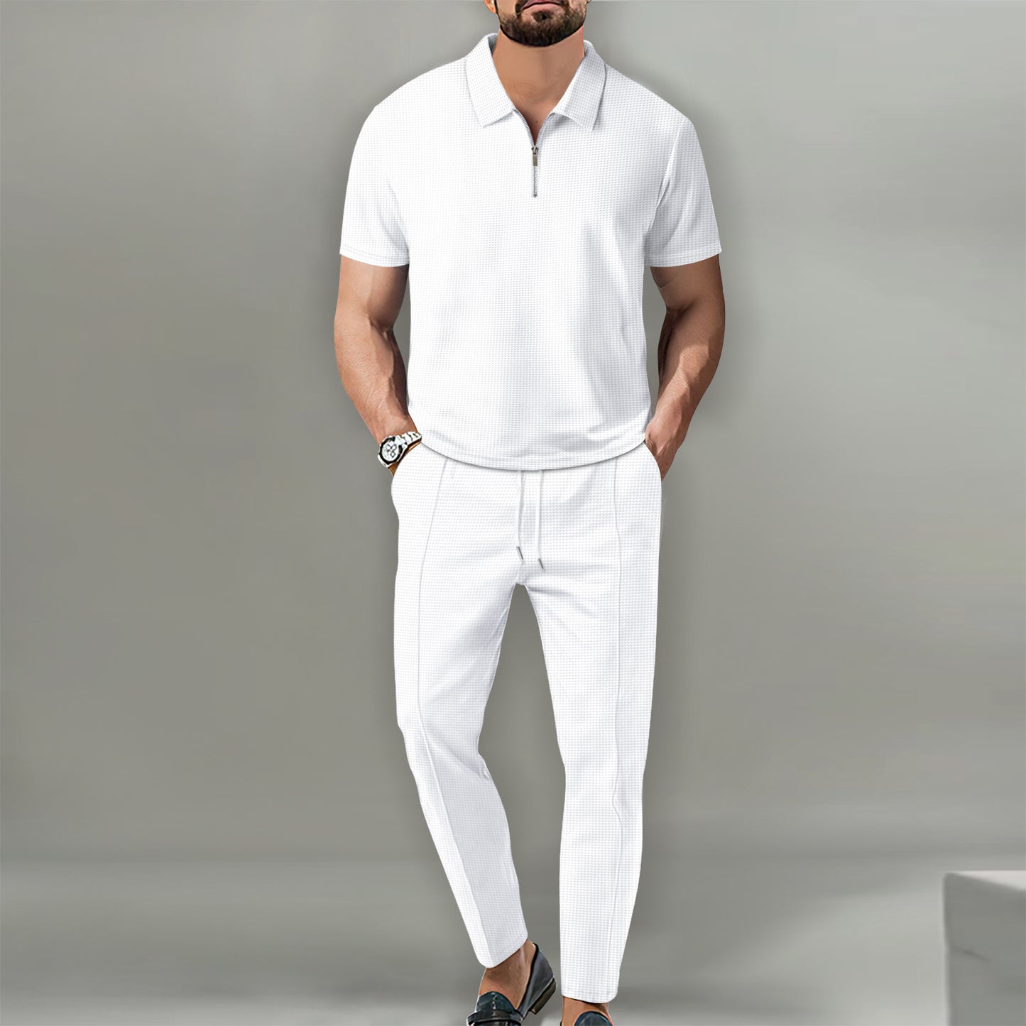 Waffger lapel short-sleeved zipper trousers