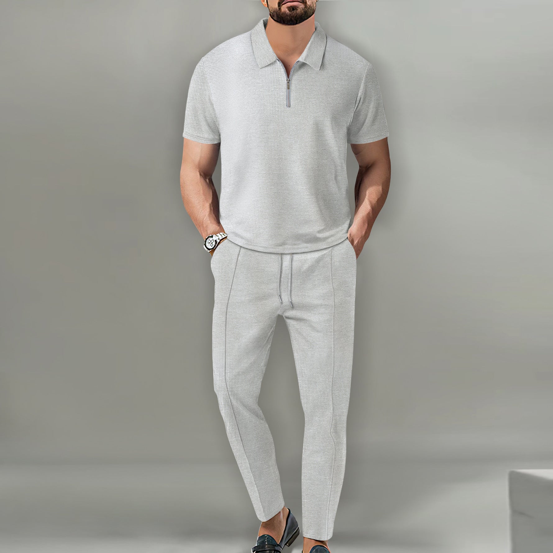 Waffger lapel short-sleeved zipper trousers