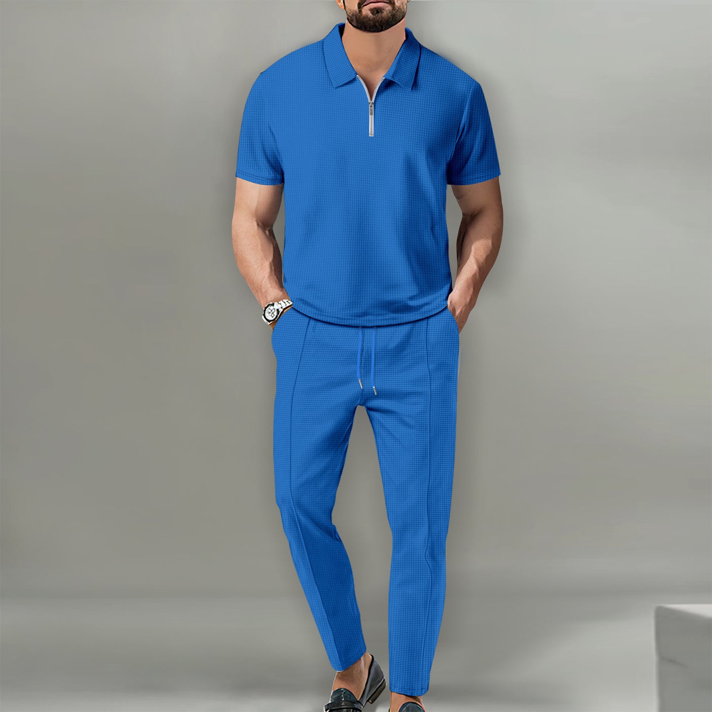 Waffger lapel short-sleeved zipper trousers