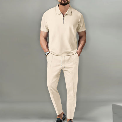 Waffger lapel short-sleeved zipper trousers
