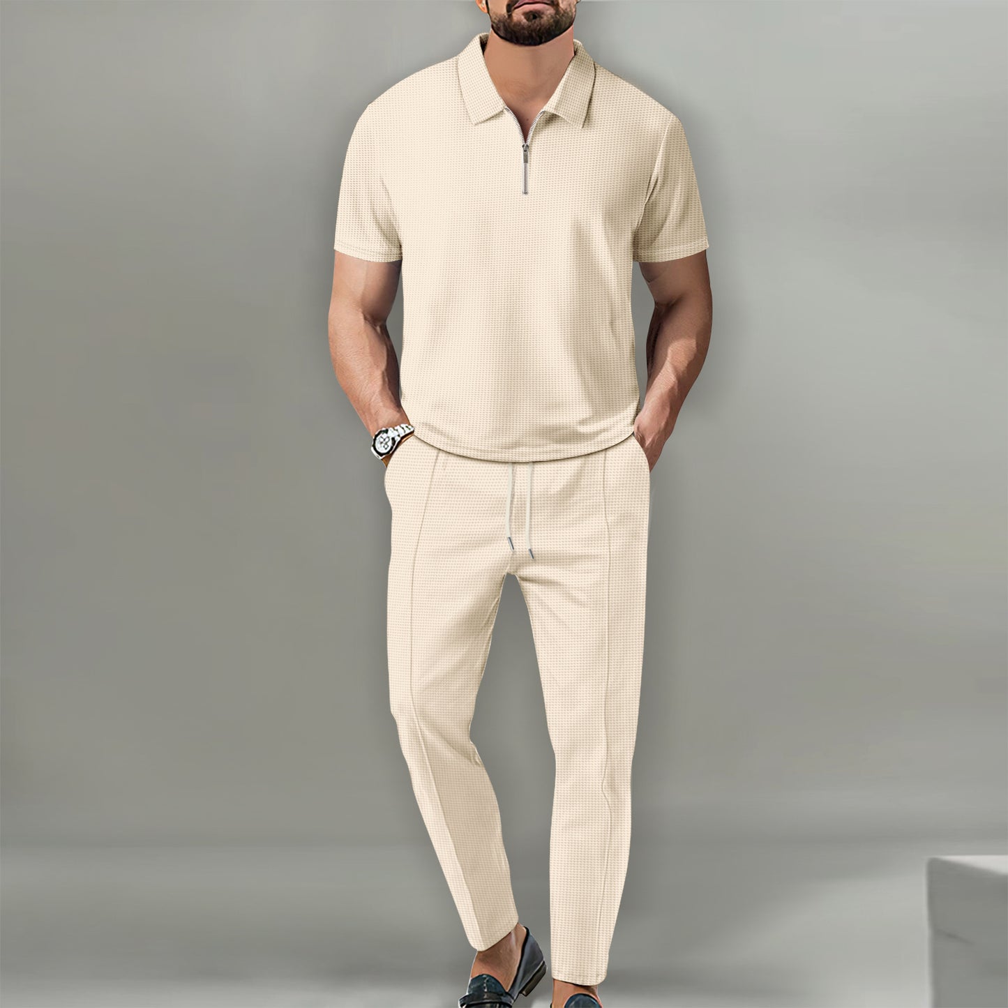 Waffger lapel short-sleeved zipper trousers