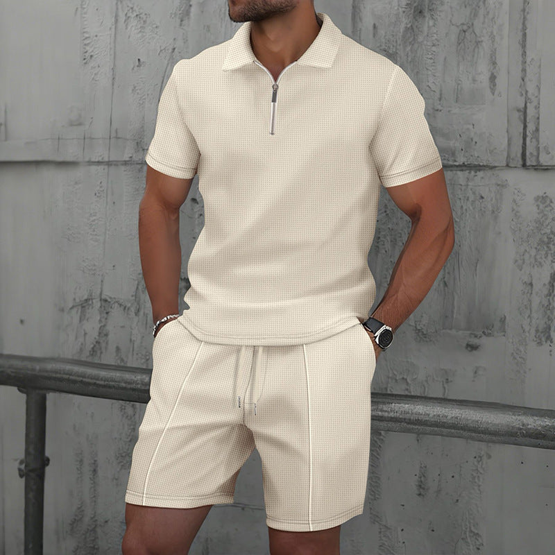 Waffle Fabric Men's Short Sleeve Polo Suit