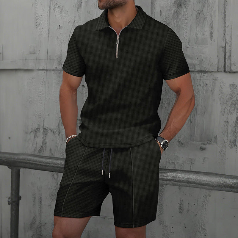 Waffle Fabric Men's Short Sleeve Polo Suit