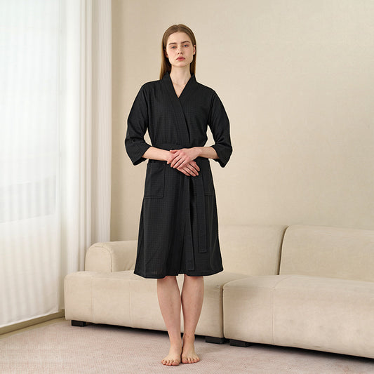 Waffle Knit Bathrobe with Three-Quarter Sleeves