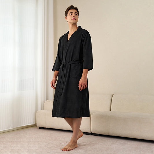 Waffle Knit Bathrobe with Three-Quarter Sleeves