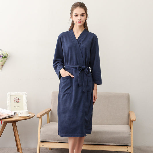 Waffle Knit Bathrobe with Three-Quarter Sleeves