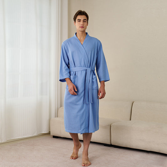 Waffle Knit Bathrobe with Three-Quarter Sleeves