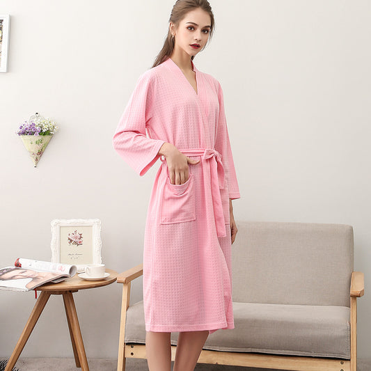 Waffle Knit Bathrobe with Three-Quarter Sleeves