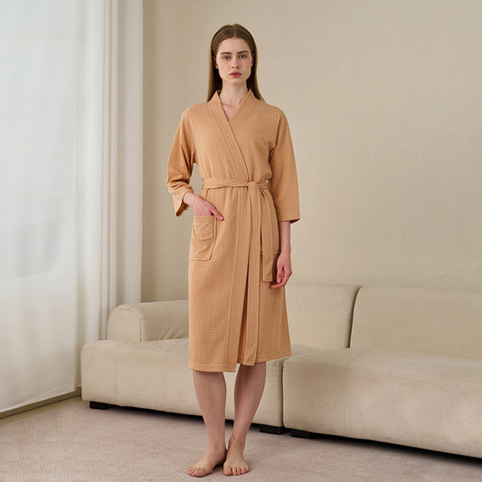 Waffle Knit Bathrobe with Three-Quarter Sleeves