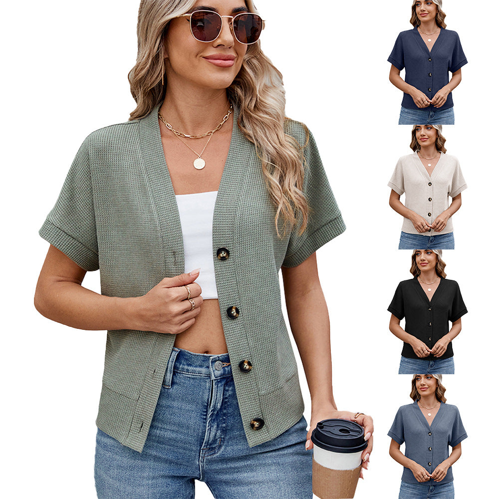 Waffle Knit V-Neck Cardigan