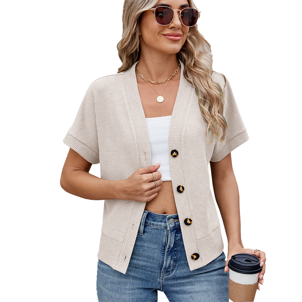 Waffle Knit V-Neck Cardigan