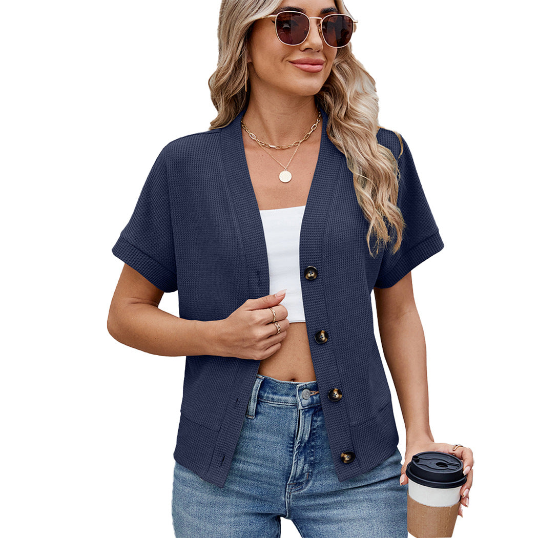 Waffle Knit V-Neck Cardigan