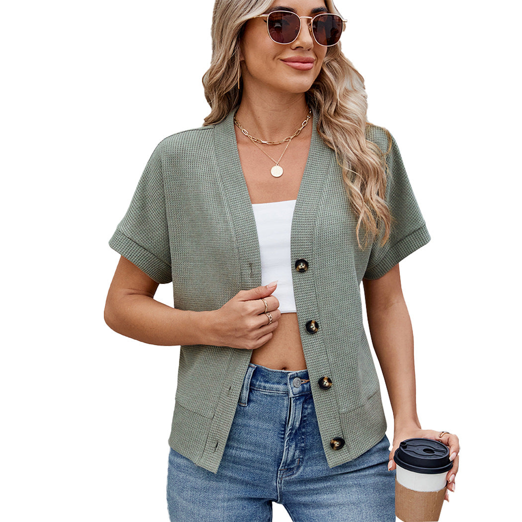Waffle Knit V-Neck Cardigan