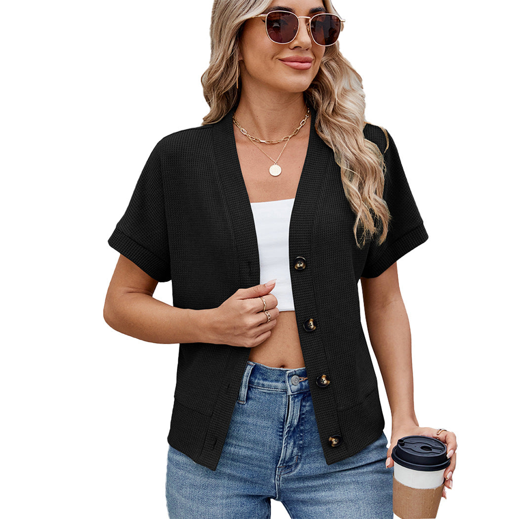 Waffle Knit V-Neck Cardigan