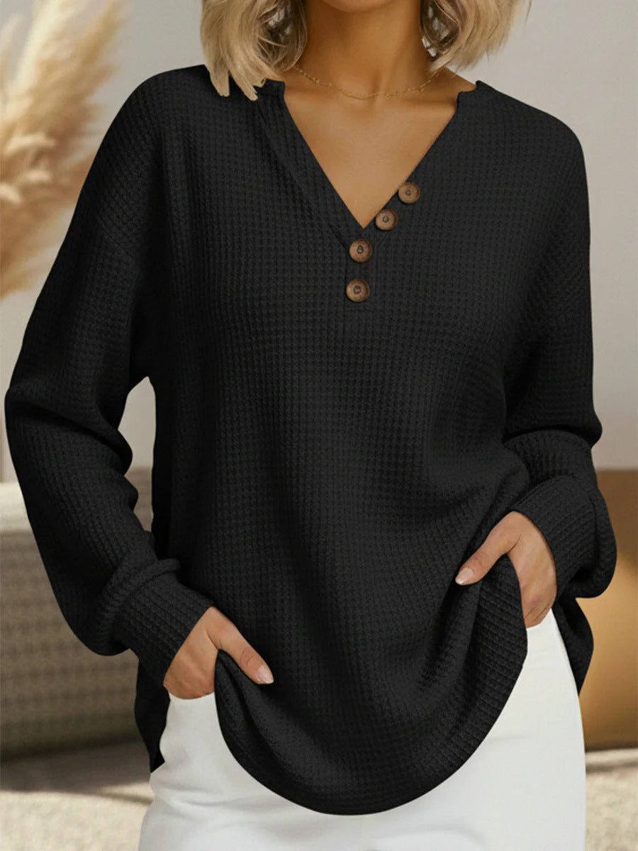Waffle Knit V-Neck Long Sleeve Top