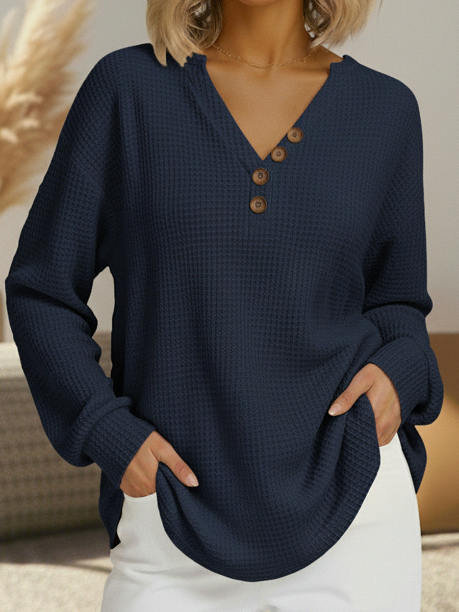 Waffle Knit V-Neck Long Sleeve Top