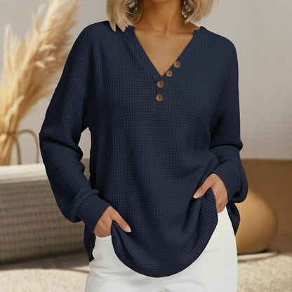 Waffle Knit V-Neck Long Sleeve Top