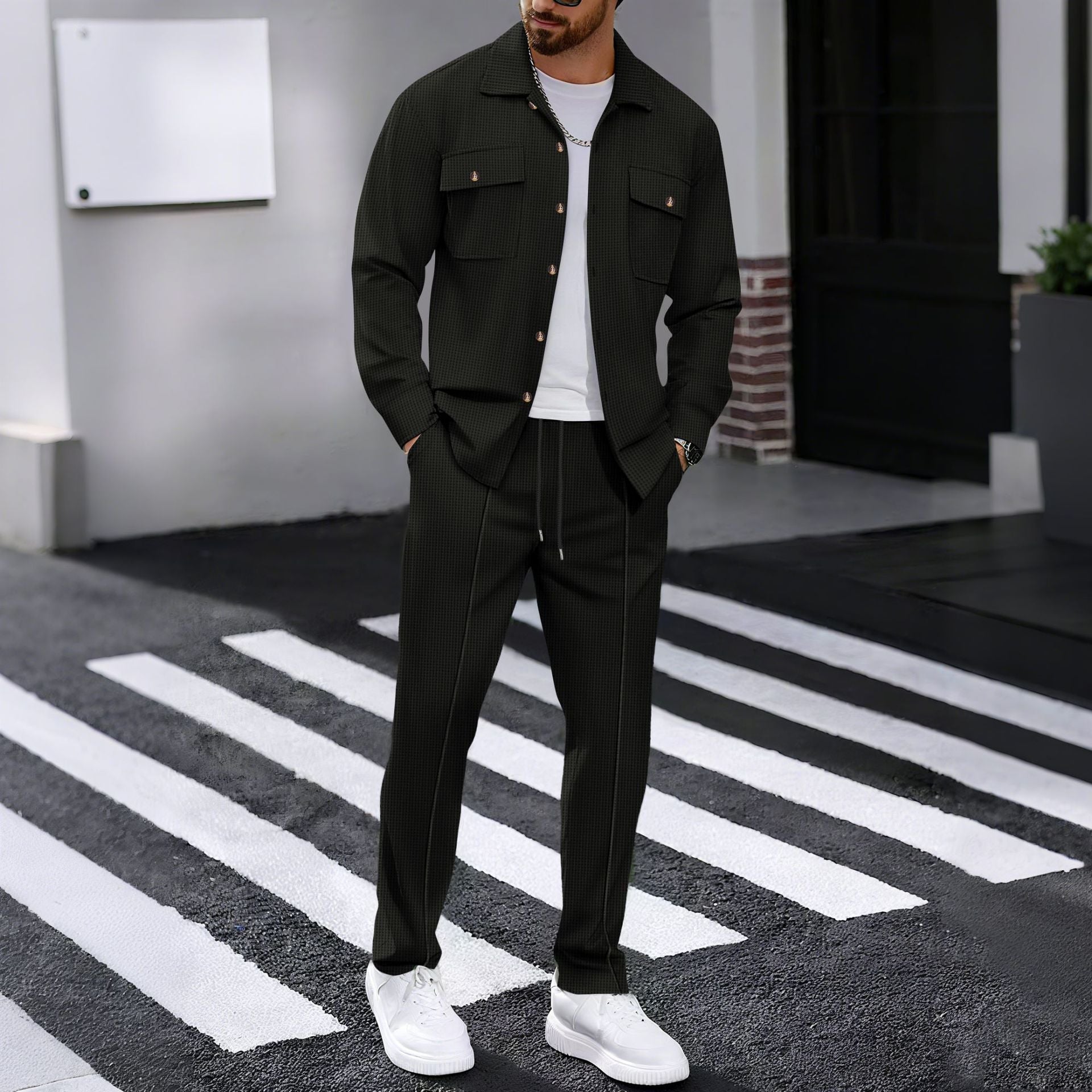 Waffle-pattern long-sleeve pants