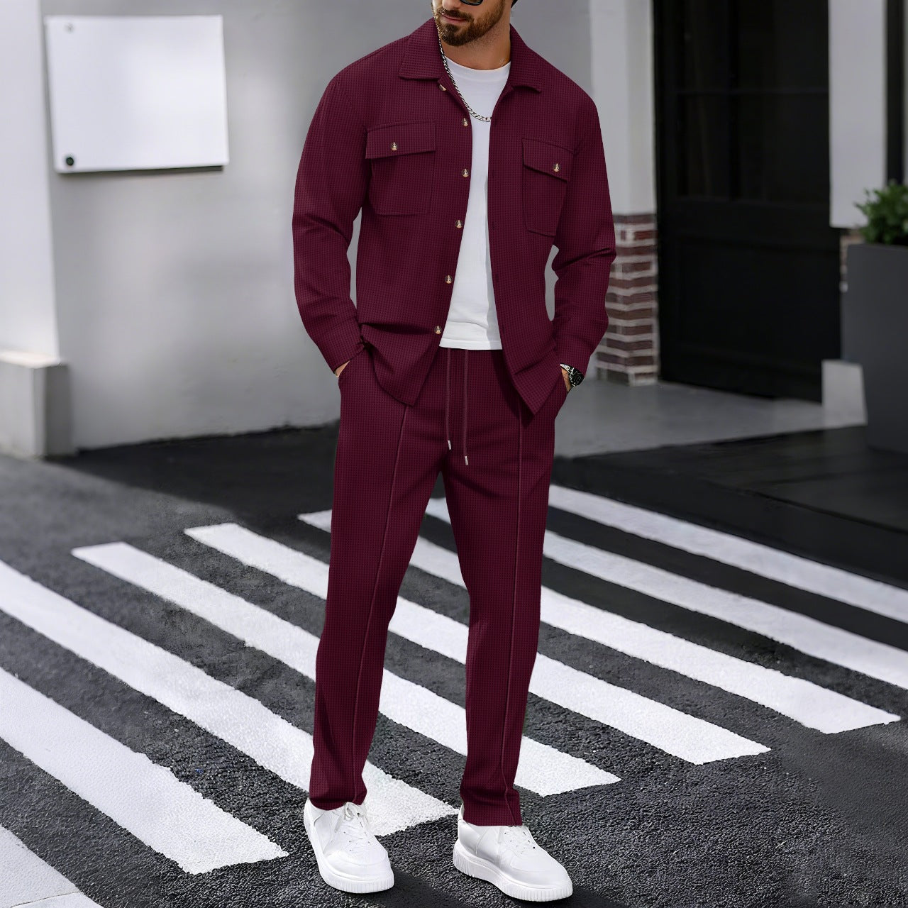 Waffle-pattern long-sleeve pants
