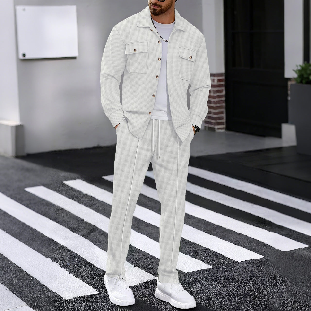 Waffle-pattern long-sleeve pants