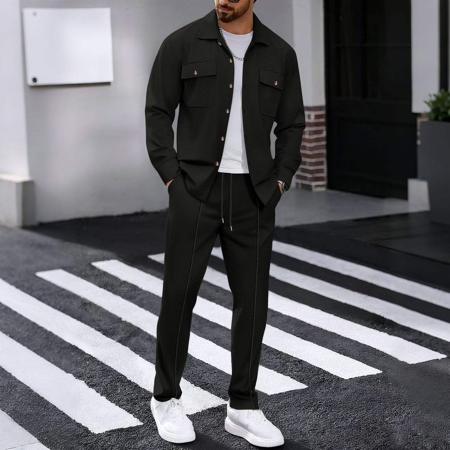 Waffle-pattern long-sleeve pants