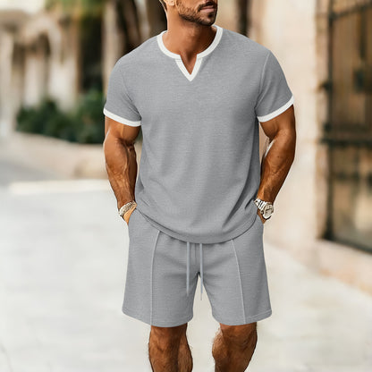 Waffle Pattern Men's V-Neck T-Shirt and Shorts