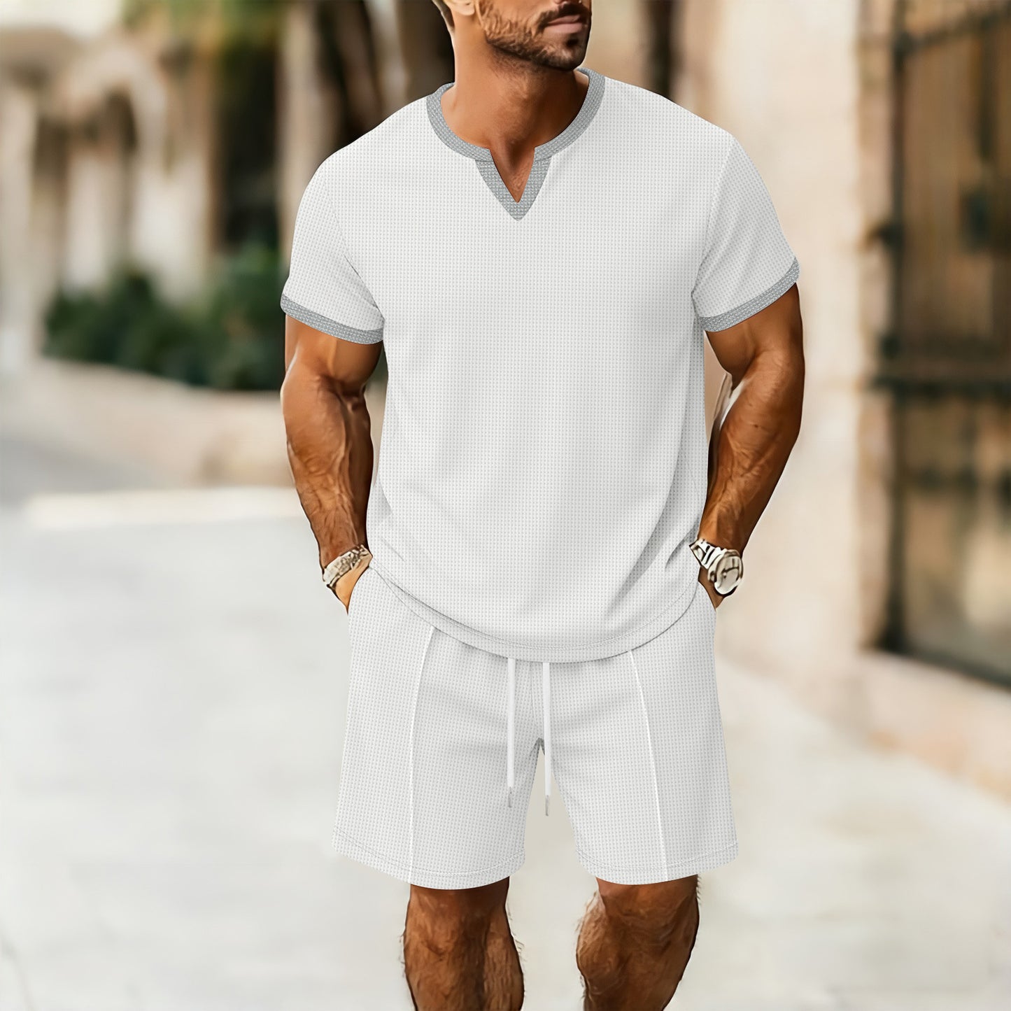 Waffle Pattern Men's V-Neck T-Shirt and Shorts
