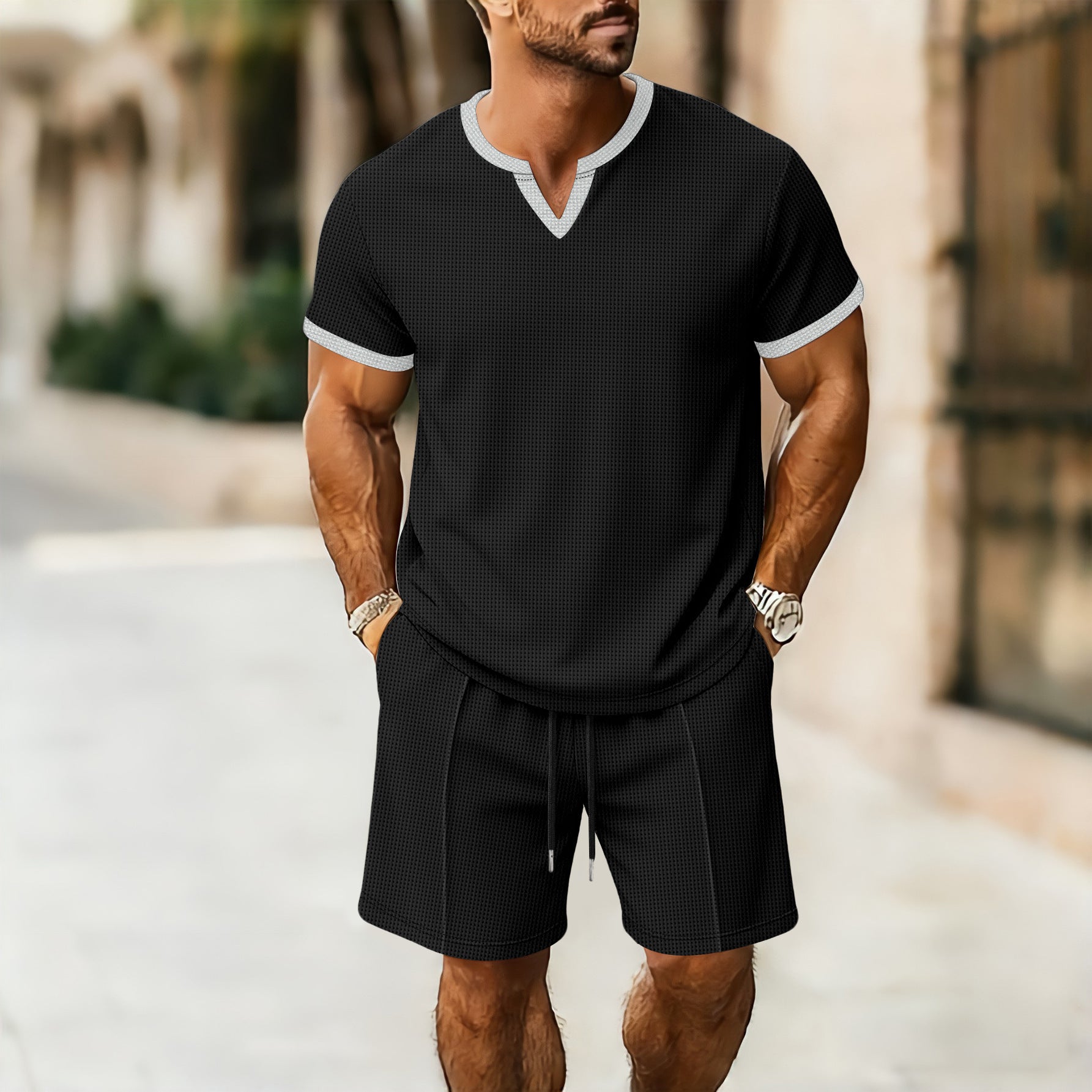 Waffle Pattern Men's V-Neck T-Shirt and Shorts