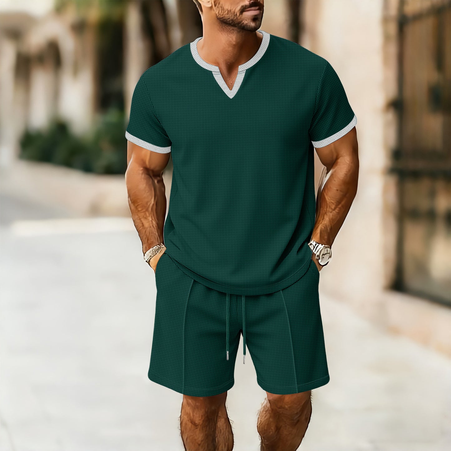 Waffle Pattern Men's V-Neck T-Shirt and Shorts