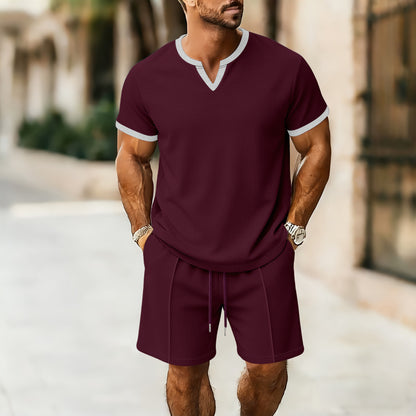 Waffle Pattern Men's V-Neck T-Shirt and Shorts