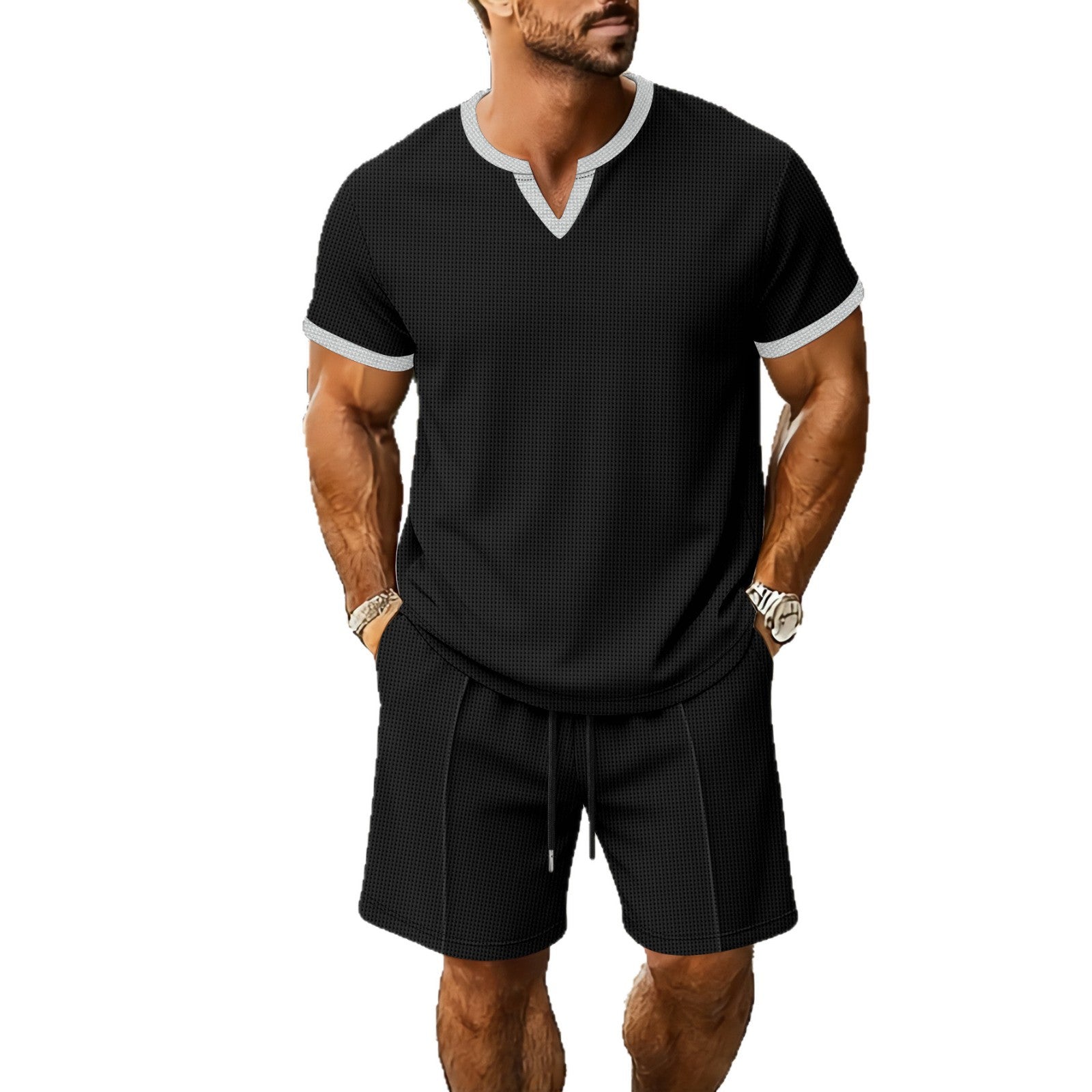 Waffle Pattern Men's V-Neck T-Shirt and Shorts