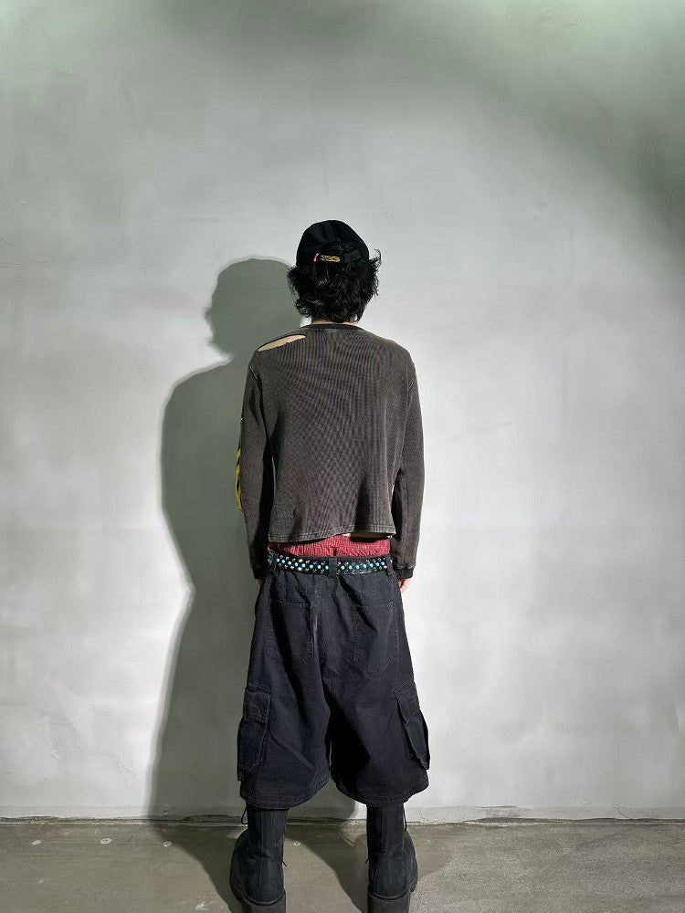 Waffle-style distressed long-sleeved t-shirt