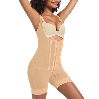 Waist-cinched mesh one-piece shaping garment