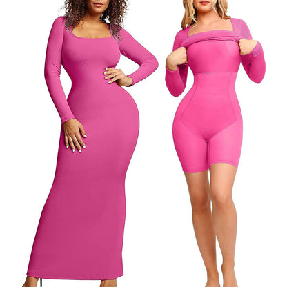 Waist-cinching and body-shaping one-piece dress