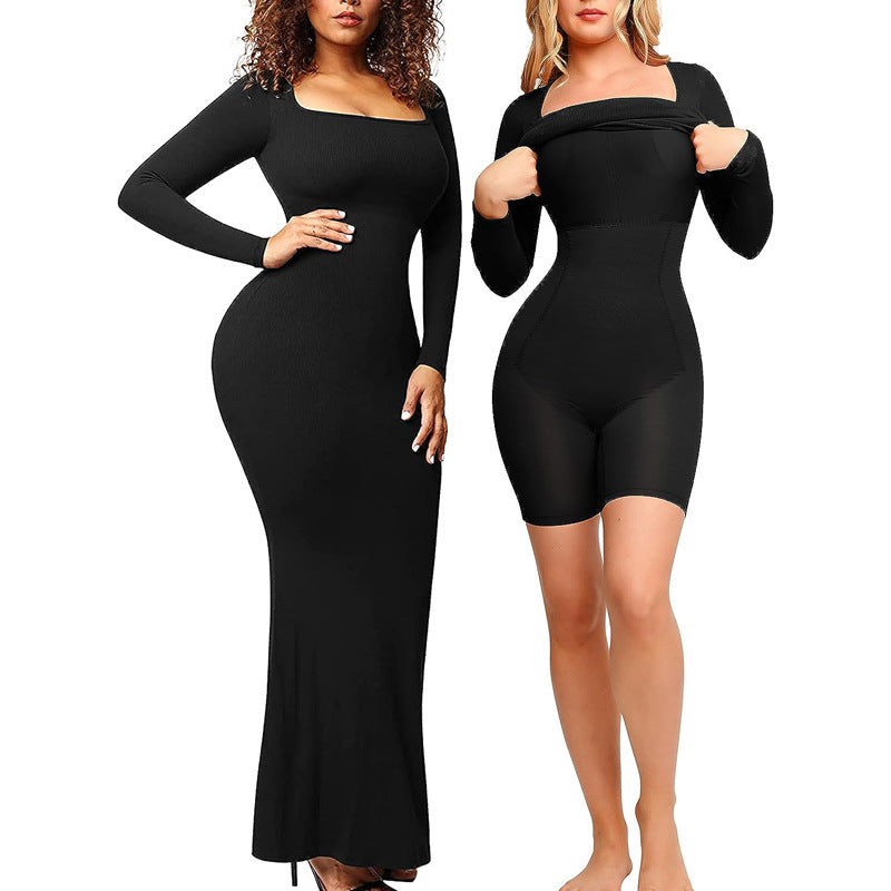 Waist-cinching and body-shaping one-piece dress